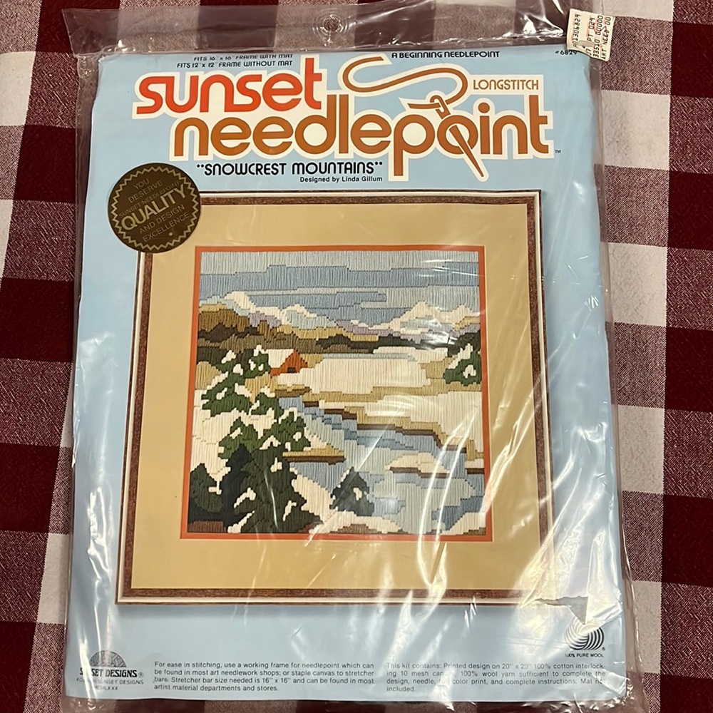 New in bag sealed Sunset Needlepoint Snowcrest Mountains. Linda Gillum.